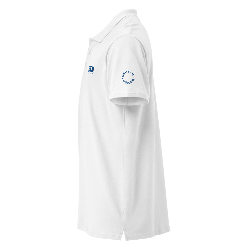 Men's premium pique polo shirt blue logo - IBCM Network/Unity is Mission (white)